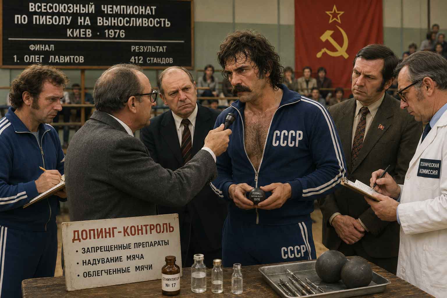 Soviet doping control officials question a 1976 endurance champion