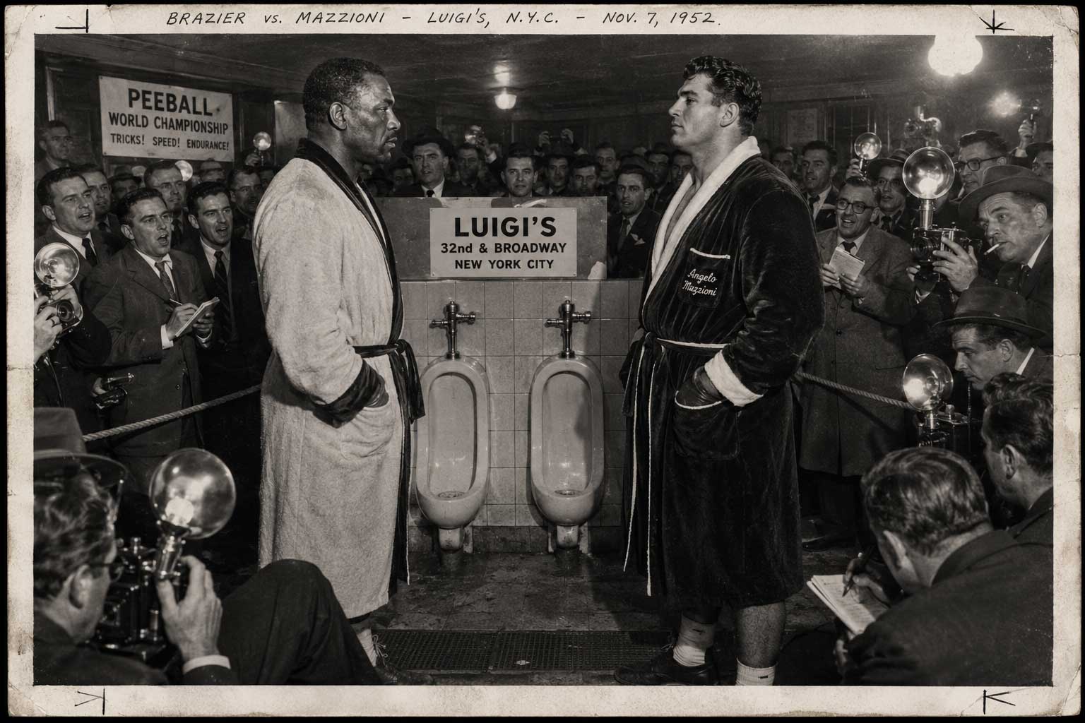 Joe Brazier and Angelo Mazzioni face off at the urinals before their 1952 championship bout at Luigi's, New York City