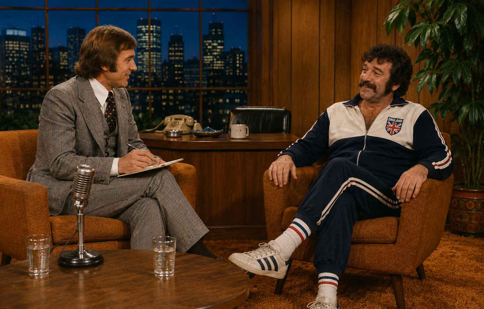 Michael Sparkinson interviewing Tom Stimson on his chat show, 1979