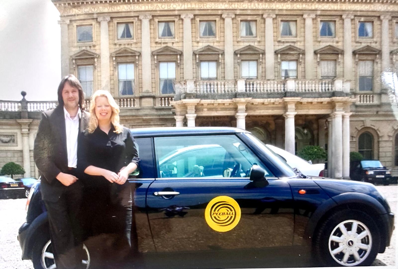 Matthew and Elaine Sweetapple standing beside their Peeball-branded Mini Cooper, a familiar sight around Barnet during the early campaign years