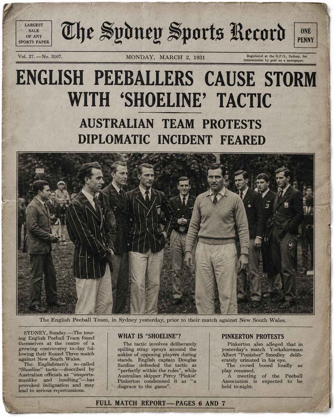 English Peeballers cause storm with 'Shoeline' tactic, Sydney 1931 newspaper front page