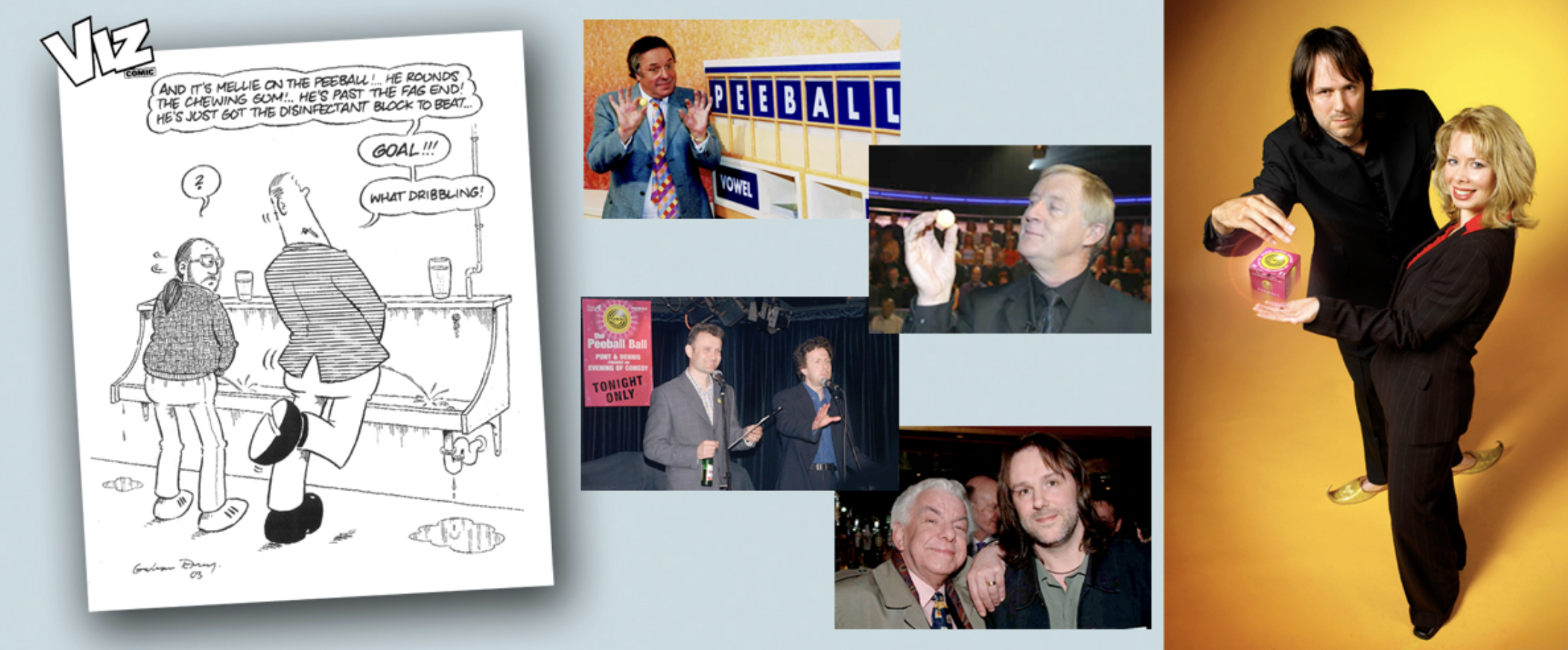 Peeball's media appearances, including a Viz comic strip, TV game show cameo and comedians presenting the Peeball Ball evening of comedy