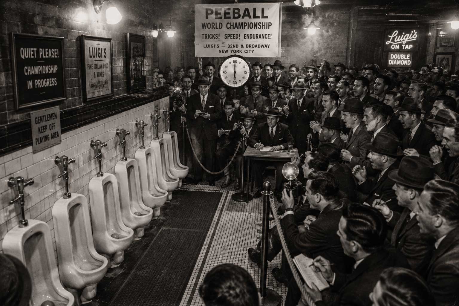 The packed urinal room at Luigi's, 32nd and Broadway, New York City, host to the 1952 Peeball World Championship